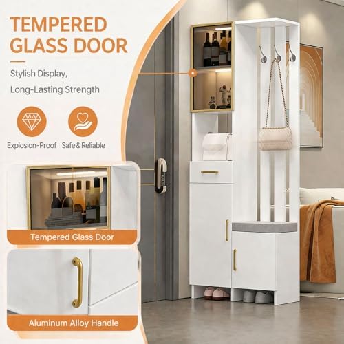 Wall Room Divider with Storage, 78.7" Tall Entryway Hall Tree Room Partition with Shoe Cabinet,Freestanding Wood Privacy Screen with Coat Rack, Bench & Glass Display(White+Right Side,80cm/31.5in) - Image 4