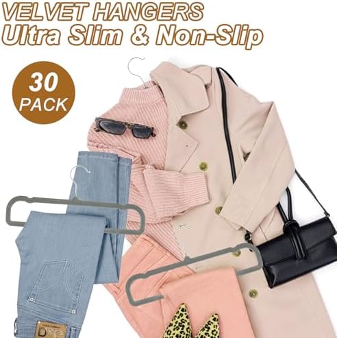 Pants Hangers Space Saving, 30 Pack Velvet Hangers for Closet with 30 Hooks, Strong Durable Non Slip Slim Clothes Hanger, Ultra Soft Flocked Hanger for Pants, Shirts, Bra, Shorts (Grey) - Image 5