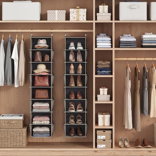YOUDENOVA Upgraded Extra Wide Hanging Shoe Organizer for Closet, 8-Shelf Storage Organizer with 8 Side Pockets, Hanging Shoe Rack for Hats Clothes Jeans, 2 Packs, Grey - Image 2
