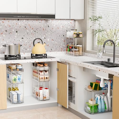 4 Pack Large Pull Out Bathroom Organizers and Storage,2 Tier 12.8″ Tall Sliding Kitchen Under Sink Organizer for Cleaning Products Storage,Acrylic Clear Bathroom inder Sink Organizer,Undersink Storage - Image 3