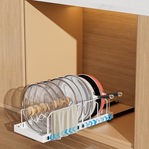 White Pull Out Pot Lid Organizer, Cabinet Pan Rack, 10 Dividers by WOSHEN