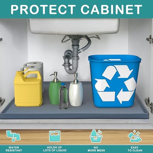 URMONA Waterproof Silicone Under Sink Mat 25'' x 22'' Shelf Liner for Kitchen and Bathroom, Cabinet and Counter Protector, Storage and Organizers, Litter Mat, Pet Cat Puppy Essentials(Beige) - Image 2