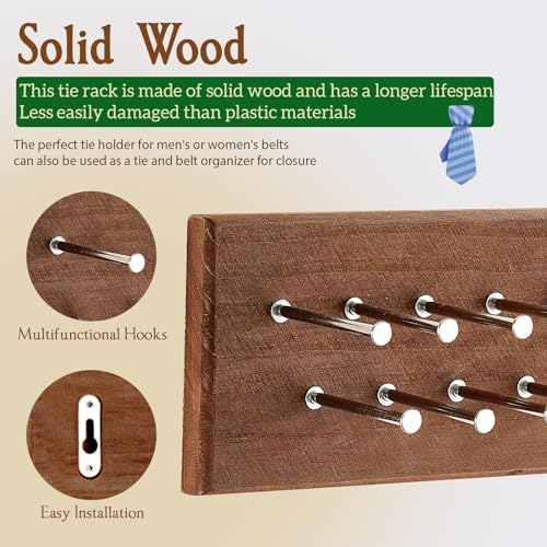 TreeHouse London Tie Rack Organizer – Holds 40 Large Ties – Solid Wood & Sturdy Metal Storage Holder for Closet – Wall Mounted Tie Display Hanger for Wall, Bedroom - (Walnut Tie Rack) 16" L X 4.25" H - Image 2
