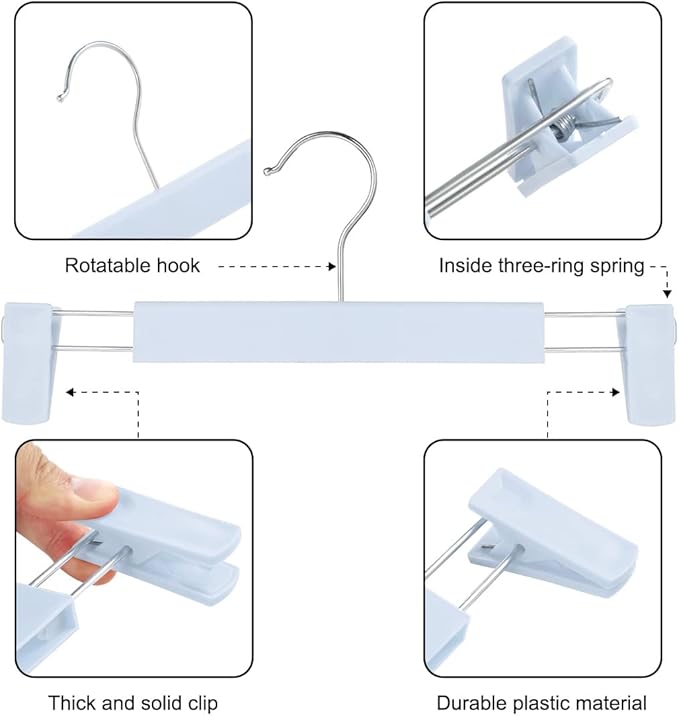GUANJUNE Clothes Pants Hangers, Space-Saving Skirt Holders with 360 ° Swivel Hooks, Adjustable Clips, Trouser Hangers, Clothes Coat Garment Jeans Hangers (20 Pack, Blue)