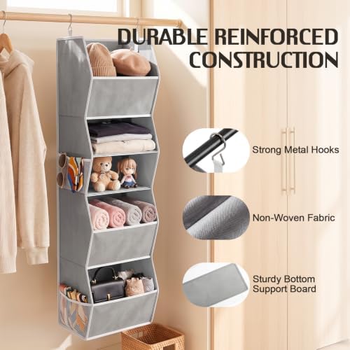 5-Shelf Hanging Closet Organizer, Trapezoid Closet Organizers and Storage with Side Pockets Space-Saving Hanging Clothes Shelves Fabric Storage Bins for Wardrobe Organization, Grey - Image 4