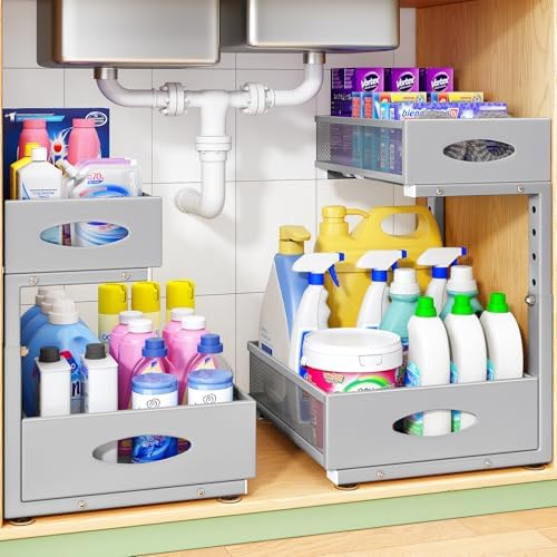 Under Sink Organizer, 2-Pack Pull Out Cabinet Organizer 2 Tier Metal Slide Out Storage Shelf Rack, L-Shaped Adjustable Height,Mesh Sliding Drawer for Kitchen, Bathroom, Laundry, Pantry, Grey, XL by Kitstorack