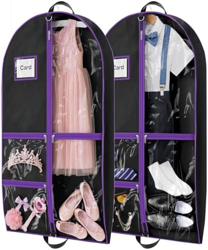 2Pack Dance Garment Bags for Dancers, 40" Garment Bags for Hanging Clothes with 3 Clear Zipper Pockets, Cheer Uniform Garment Bag for Suits, Travel & Sports Jersey, Cheer Uniform (Purple, 2Pack 40") by Hopack