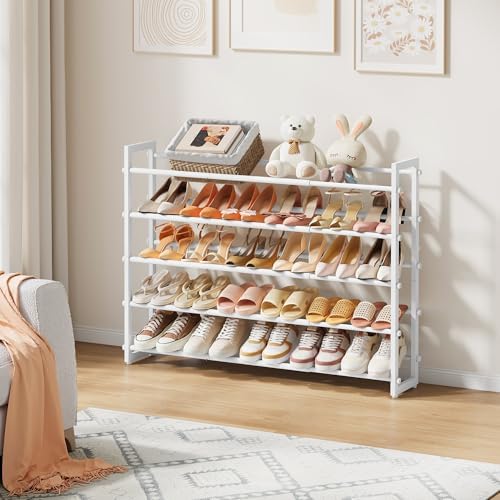 FAVOOSTY 5-Tier Expandable Shoe Rack, Adjustable Shoe Shelf Storage Organizer Space Saving Metal Free Standing Shoe Rack for Entryway Closet Doorway, White (White, 5 Tier) - Image 2