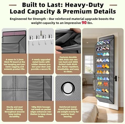 PAULONE 10-Pocket Multi-Use Over the Door Organizer, Heavy Duty 95lbs Capacity with Breathable Mesh, Versatile Hanging Storage for Shoes, Toys, Office Supplies-Classic (Slate Grey, 10-Shelf,) - Image 3