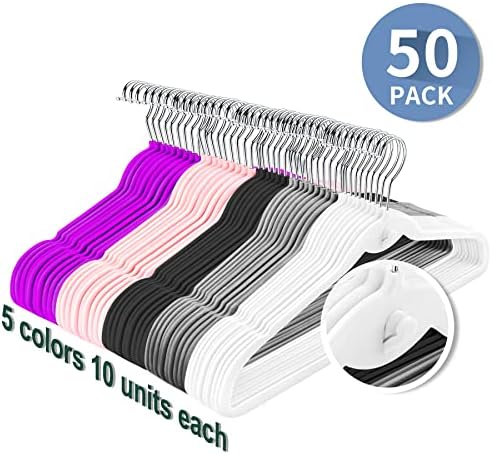 Multi-Color Velvet Hangers 50 Pack with Cascading Hooks, Non-Slip Black, Pink, White, Grey, and Purple Velvet Hangers for Clothes, Suits, and Coats - Image 4