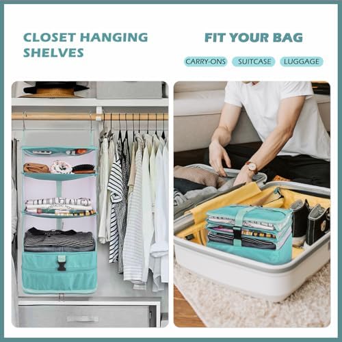 Surblue Hanging Closet Storage Bag Collapsible 3-Shelf Washable Oxford Fabric with 2 Hooks (L 11.41 * 11.41 * 19.68in, Aqua Blue) - Image 3