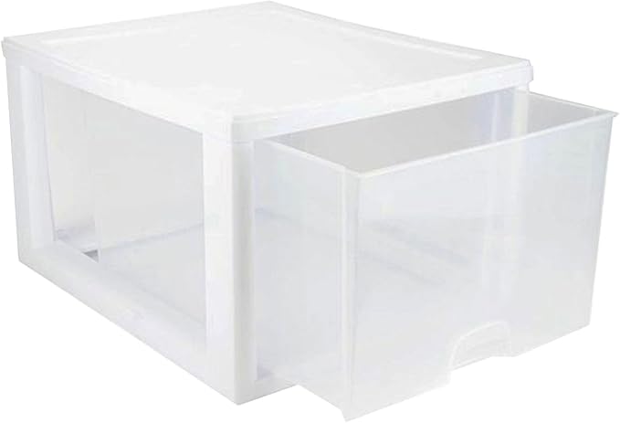 Sterilite 4-Pack Stacking Drawer, Clear Storage Organizer Containers, 27 Quart, White Frame - Stackable and Modular Plastic Drawers for Shoes, Clothes, Accessories, Supplies, Bedding, and Linens