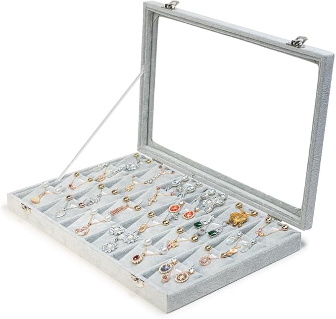 Jewelry Box Necklace Organizer Tray (Grey) Necklace Display Case for Storage Jewelry Display Stand 24 Slot Pendant Holder for Women