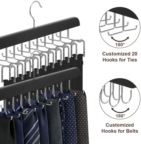 4 Pack Tie Rack and Belt Hanger 2 in 1, Wooden Tie Organizer for Closet with 20 Foldable Hooks, Space Saving Necktie Holder and Belt Organizer, Black - Image 3
