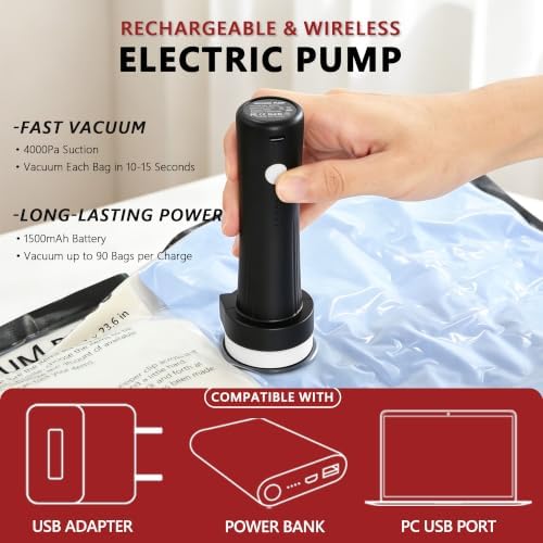 Travel Vacuum Bags for Clothing with Cordless Pump 18 Combo, Black - Image 5