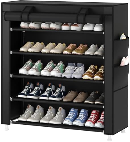 Laiensia 5-Tier Vertical Shoe Rack Organizer, Space Saving Shoe Storage Organizer, Non-Woven Cover Shoe Shelf Holds 20-25 Pairs for Bedroom, Hallway, Closet Entryway, Black by Laiensia