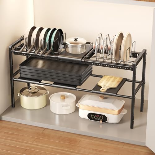 Mustorn Pots and Pans Organizer Under Cabinet, Expandable 2 Tier Under Sink Organizers and Storage Adjustable Height Kitchen Pot and Pan Lid Holder Rack with 12 Dividers Under Cabinet Shelf(Black) by MUSTORN