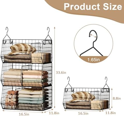 Jautokerdar 3 Tier Closet Hanging Shelves with Divider, Extra Large Closet Organizers and Storage, Clothes Hanging Organizer Clothing Sweaters Handbags Clutches Accessories - Image 3