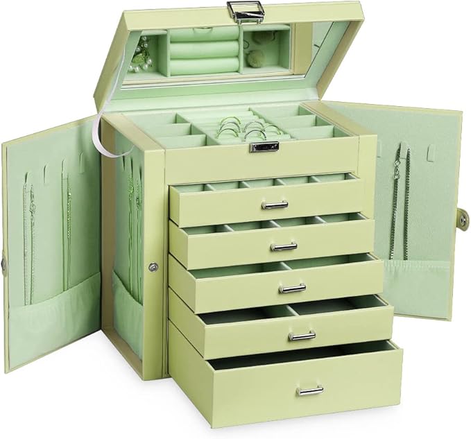 Frebeauty Large Jewelry Box,6-Tier PU Leather Jewelry Organizer with Lock,Multi-functional Storage Case with Mirror,Accessories Holder with 5 Drawers for Necklace Bracelets Watches