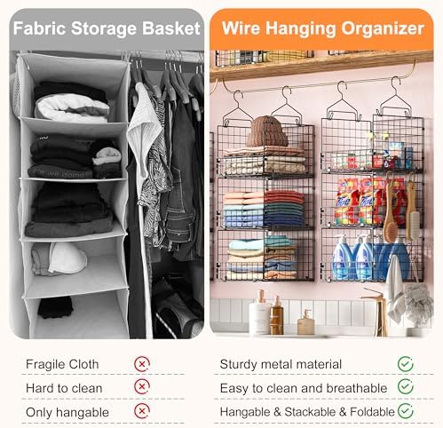 Sonyabecca 3-Tier Closet Organizers and Storage, Foldable Stackable Wire Basket Bins with 5 S Hooks, Space-Saving Hanging Closet Shelf for Clothing, Sweaters, Handbags, Hats,Purse - Image 7