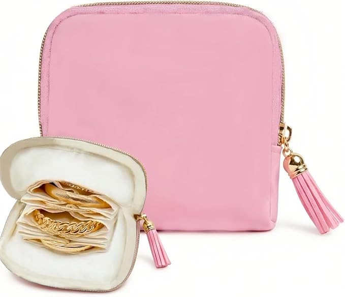 Mini Travel Jewelry Case, Small Jewelry Organizer, Jewelry Travel Case for Women, Portable Travel Jewelry Organizer Bag, Travel Jewelry Box – 5.3 × 5.1 inches (Pink)