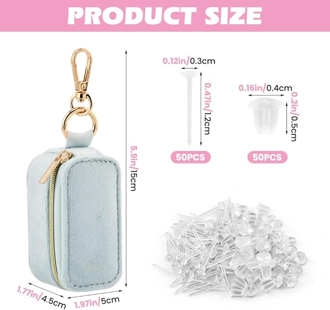 Velvet Mini Travel Jewelry Case, 2 in 1 Ring Holder Keychain + 50 Plastic Earrings, Portable Small Jewelry Organizer for Women, Travel/Gym/Wedding/Bridesmaid Gift