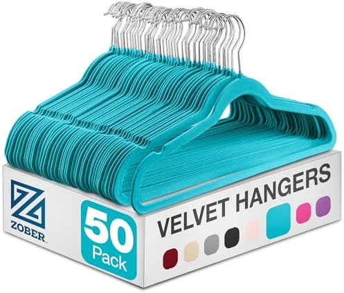 Zober Turquoise Velvet Hangers 50 Pack, Slim Non Slip Clothes Hangers by ZOBER