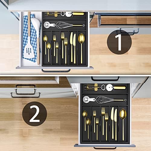 Utensil Organizer Silverware Drawer Organizer - 7 Slots Bamboo Silverware Tray For Kitchen Cutlery Office Supplies Makeup Desk Storage Garage Tool Organization W13”x L17” (Black) - Image 3