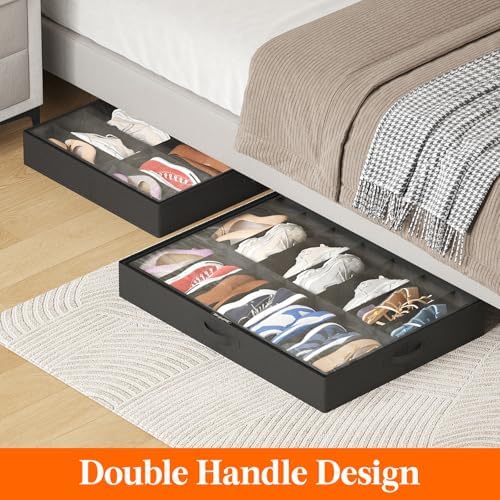 Lifewit Under Bed Shoe Storage Organizer 2 Pack(14 Shoes Cells+4 Boots Cells), 4.3 Inches Profile Fabric Shoes Container Box with Clear Cover, Foldable Storage Bag with 2 Handles, Fits 22 to 36 Pairs - Image 5
