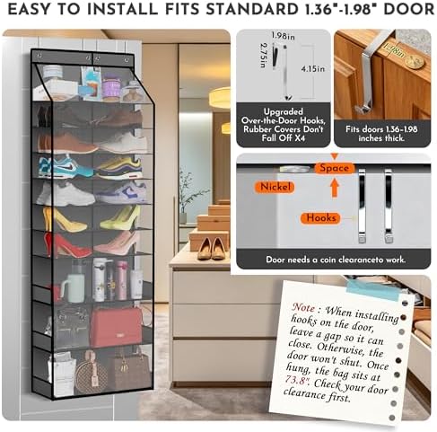 PAULONE Over the Door Organizer Heavy Duty – 96 Lbs Capacity 20 Pair Shoe Rack with Multi-Size Pockets Fits Tall Boots up to 11.8", Breathable Mesh, Metal Hooks – Also for Bags, Toys, Toiletries - Image 5
