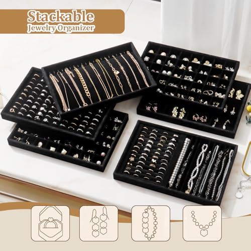 Large Jewelry Organizer for Drawer Insert Velvet Stackable Jewelry Trays for Earring Necklace Bracelet Ring Display (Black, 24 Grids) - Image 4