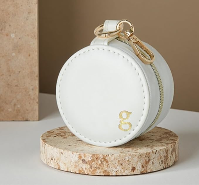 COLLECTIVE HOME - Monogrammed Letter Jewelry Case, Portable Travel Ring Holder Box with Keychain, Personalized Initial Organizer for Earrings Necklaces, Gift for Her (White-g)