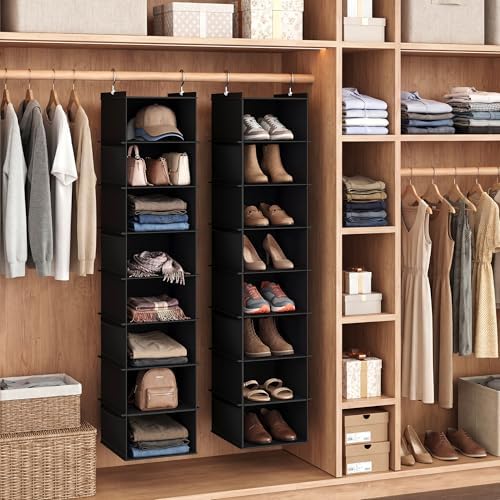 YOUDENOVA Upgraded Extra Wide Hanging Shoe Organizer for Closet, 8-Shelf Storage Organizer with 8 Side Pockets, Hanging Shoe Rack for Hats Clothes Jeans, 2 Packs, Black - Image 2