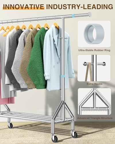 Upgraded 100% Stainless Steel Clothing Rack Load 760LBS, Heavy Duty Clothes Racks with Larger & Sturdy Wheel, Extendable & Adjustable Rolling Garment with Shelves for Hanging Portable Closet Rack - Image 5