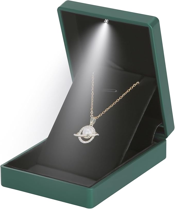 LED Light Pendant Necklace Gift Box, Velvet Jewelry Storage Display Case for Proposal Engagement Wedding Anniversary Birthday Valentine's Day (Green)