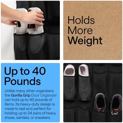 GORILLA GRIP Over the Door Shoe Organizer, 24 Large Pockets, Black - Image 3