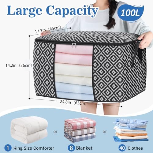 100L 6 Pack Storage Bags, Foldable Clothes Bins with Clear Window, Black - Image 2