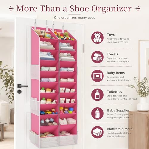 Criusia Over the Door Shoe Organizer, 20-30 Pairs Heavy-Duty Hanging Shoe Storage with Large Pockets, 10-Tier Door Shoe Rack with 4 Hooks for Sneakers Sandals Heels Boots (Pink) - Image 7