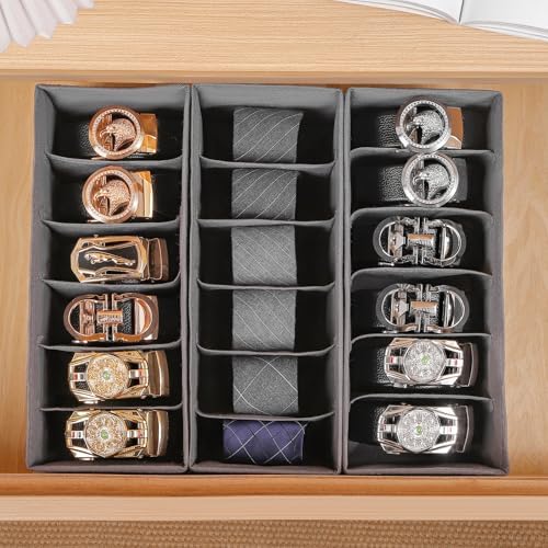 3 Packs Fabric Belt Organizer, 6 Grids Belt Organizer for Closet and Drawer, Foldable Dresser Drawer Organizers, Tie Storage -Dark Grey - Image 7