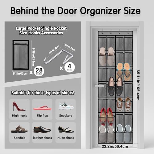 Kotkn 28 Compartment Over the Door Shoe Organizer, Breathable Mesh Large Shoe Rack for Closet Storage, Space Saving Hanging Shoe Holder with Reinforced Hooks (Fits Men & Women,Gray-01) - Image 3
