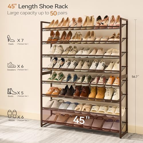 Nunsino Shoe Rack, Long Shoe Organizer,Max Holds 50 Pairs,8 Tier Metal Shoe Storage Shelf,4-Tier Stackable Shoes Organizer for Garage, Entryway,Bronze - Image 3