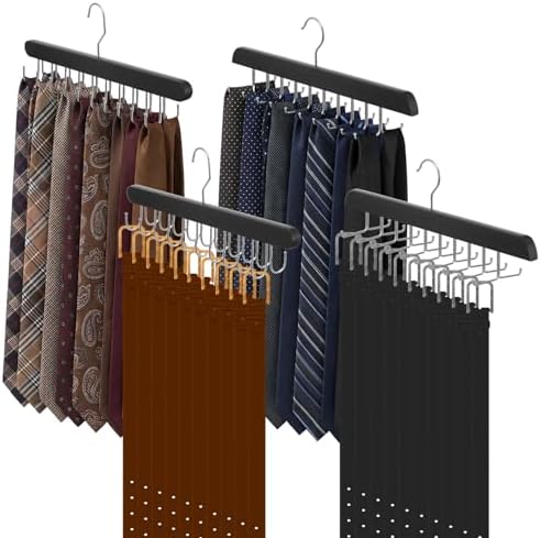 4 Pack Tie Rack and Belt Hanger 2 in 1, Wooden Tie Organizer for Closet with 20 Foldable Hooks, Space Saving Necktie Holder and Belt Organizer, Black by Unknown
