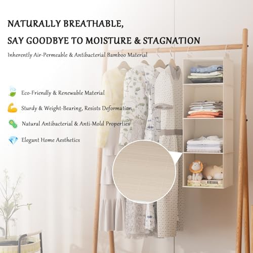 Hanging Closet Organizer with Bamboo Shelves - Foldable Closet Storage for Baby Clothes, Towels, Scarves,Space Saving Shelves Organizer (White) - Image 4