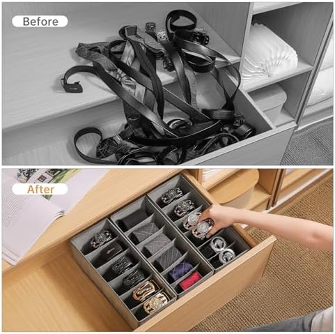 3 Packs Fabric Belt Organizer for Closet and Drawer, Foldable 6 Grids Dresser Drawer Organizers, Belt Tie Holder, Tie Box-Grey - Image 2