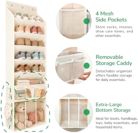 3in1 Over The Door Shoe Organizer with 5 Slanted Compartments,Removable Storage Bin & Transparent Pockets,Thickened Waterproof Oxford Fabric Shoes Rack for Shoes,Boots,Toys,Daily Essentials. (Beige) - Image 2