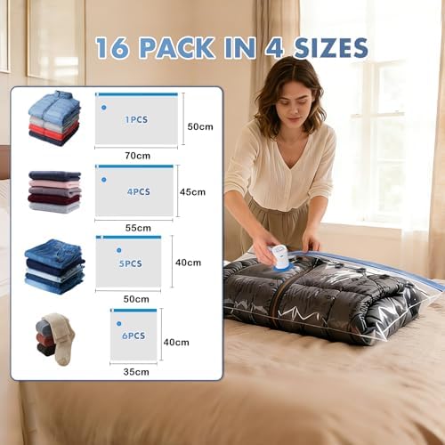 BoxLegend 16‑Pack Travel Vacuum Storage Bags with USB Pump, 4 Sizes, Thickened Compression Packing Bags for Clothes, Space‑Saving Vacuum Seal Bags for Luggage, Suitcase, Travel, Moving & Closet - Image 2