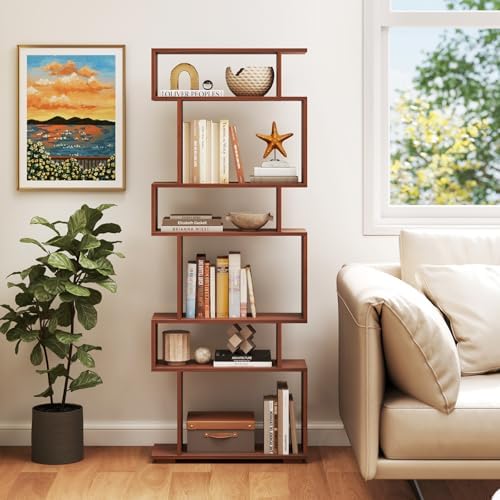 6 Tier S Shaped Bookshelf, Wood Geometric Bookcase, Modern Room Divider and Display Shelf, 64" Tall Staggered Bookshelf for Bedroom Living Room Office Study (2, Walnut) - Image 5