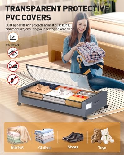 Under Bed Storage With Wheels, 2 Pack Square Containers, 60L Bins, Rolling Metal Drawer for Clothes, Blankets, Shoes - Image 4