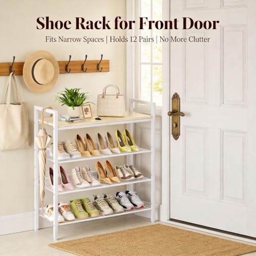 GEEBOBO 4 Tier Shoe Rack for Entryway, Holds 12 Pairs of Shoes, Metal Shoe Rack & Organizer for Front Door Entrance, Shoe Storage for Closet, Garage (White+Beige) - Image 6