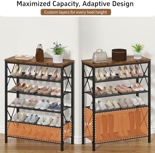 6 Tier Shoe Rack, Metal Shoe Stand with Wooden Top, Sturdy Shoe Shelf for Entryway Closet, Rustic Brown - Image 4